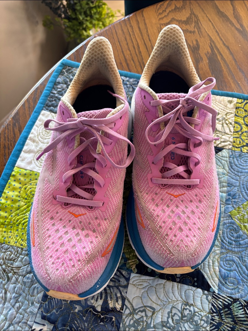 HOKA CLIFTON STURDY SAFE COMFY 9 WIDE Women's Pink Blue Athletic Running Shoes
